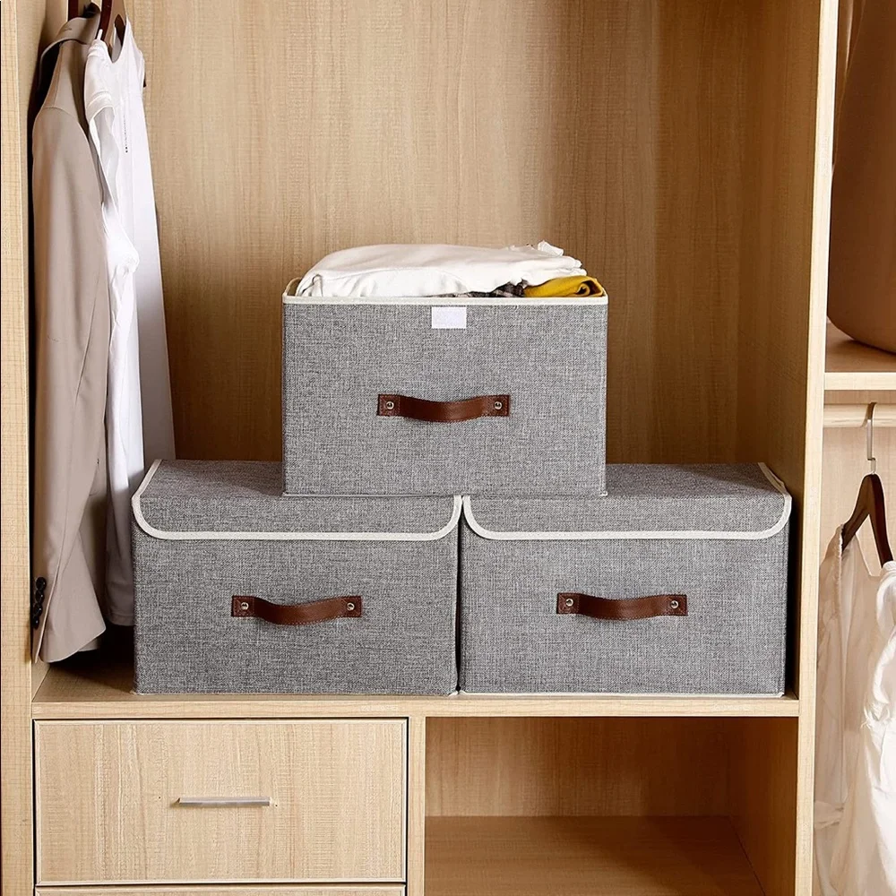 3 Large Foldable Storage Bins with Leather Handles J